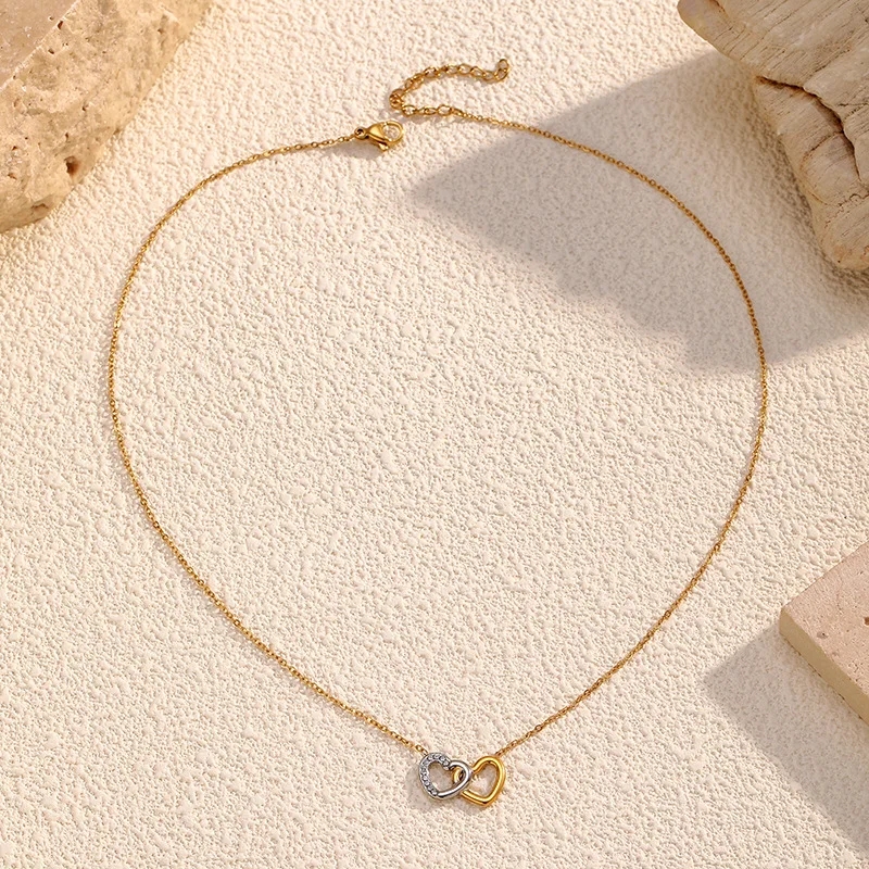 IVANDA Waterproof 18k Gold Plated Stainless Steel Fashion Jewelry Crystal Rhinestone Double Heart Drop Necklaces for Gift