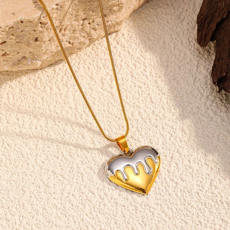 Two Tone Heart Pendant Necklace 18K Gold Plated Stainless Steel Melting Heart Snake Chain Necklace Tarnish Free