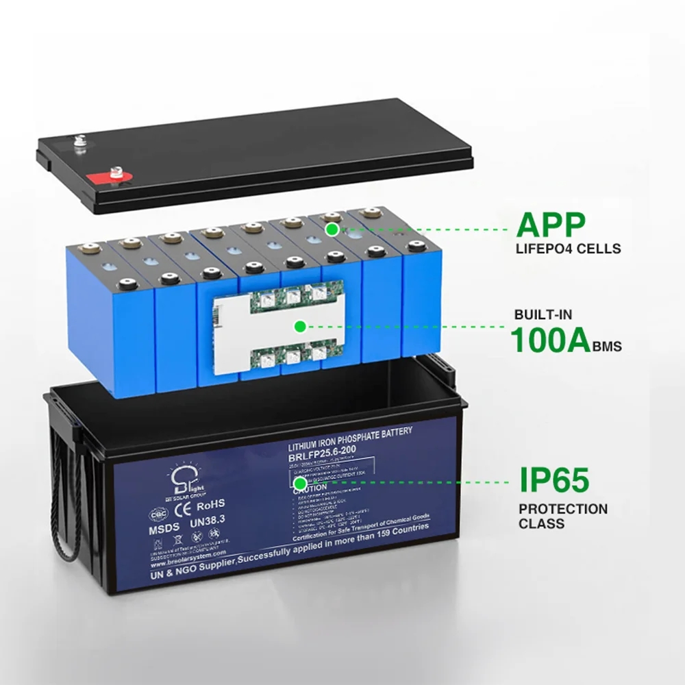 BR SOLAR Long Lifespan 12.8v Lithium Battery 12v 200ah Lifepo4 Battery for Home Energy Storage System