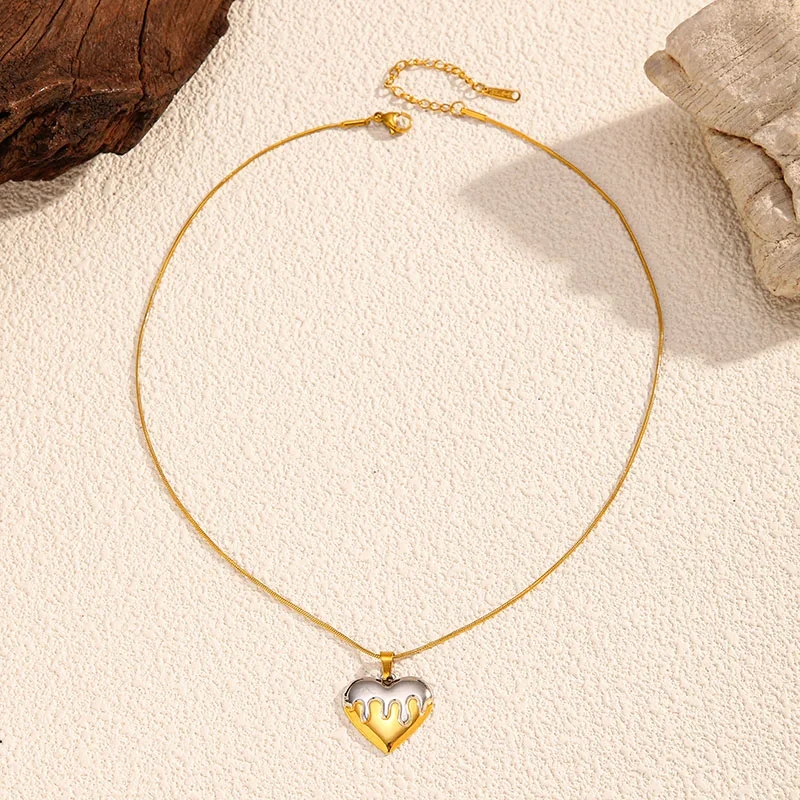 Two Tone Heart Pendant Necklace 18K Gold Plated Stainless Steel Melting Heart Snake Chain Necklace Tarnish Free