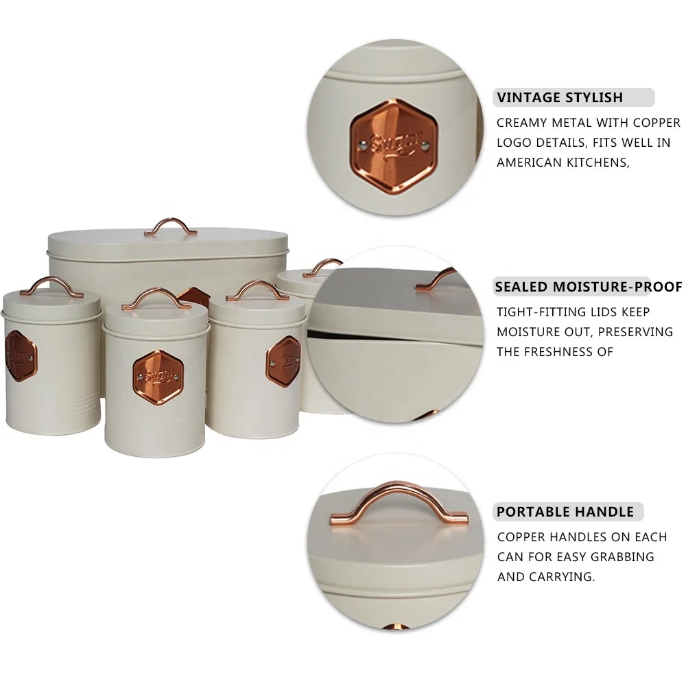 Vintage Cream Metal Kitchen Storage Canister Set with Copper Handles and Airtight Lids Bread Sugar Coffee Tea Containers Set