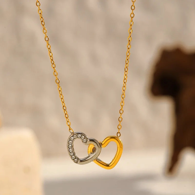 IVANDA Waterproof 18k Gold Plated Stainless Steel Fashion Jewelry Crystal Rhinestone Double Heart Drop Necklaces for Gift