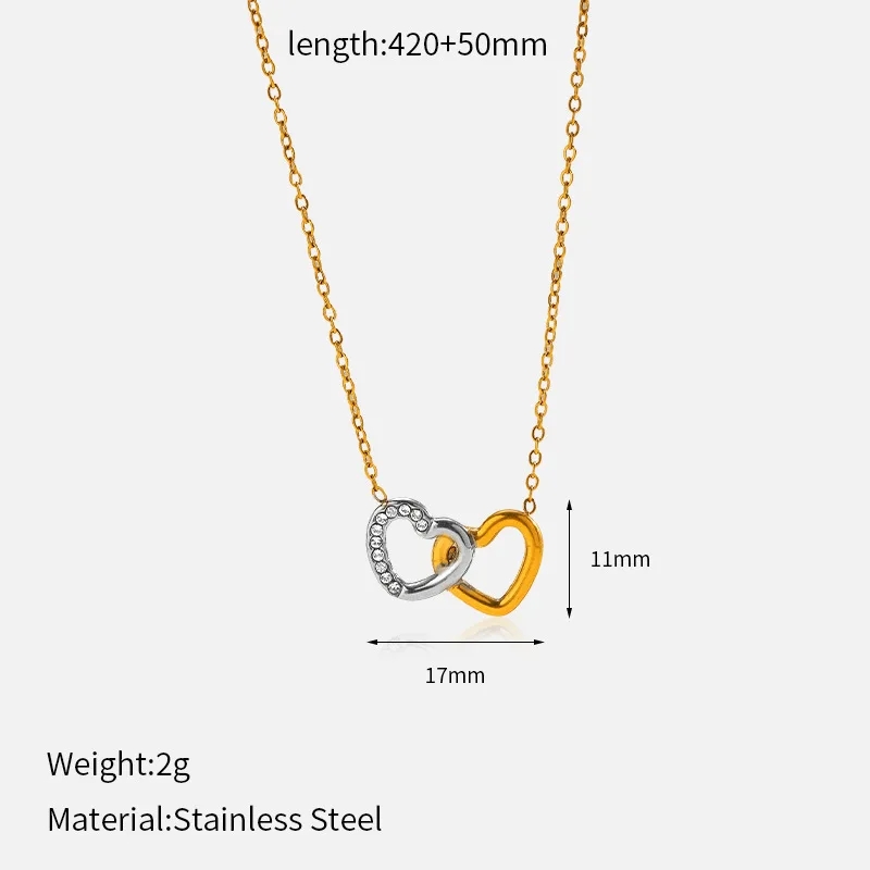 IVANDA Waterproof 18k Gold Plated Stainless Steel Fashion Jewelry Crystal Rhinestone Double Heart Drop Necklaces for Gift