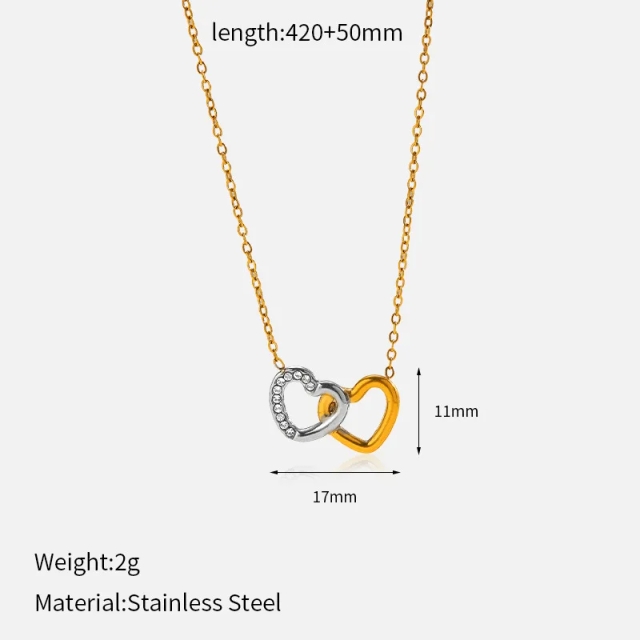 IVANDA Waterproof 18k Gold Plated Stainless Steel Fashion Jewelry Crystal Rhinestone Double Heart Drop Necklaces for Gift