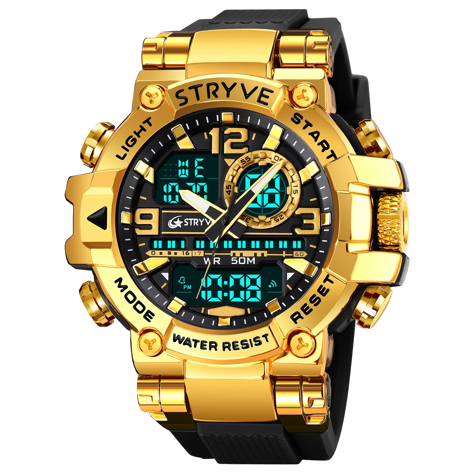 STRYVE 时尚男士运动手表防震 50M 防水腕表 LED 闹钟秒表时钟手表男式 8025