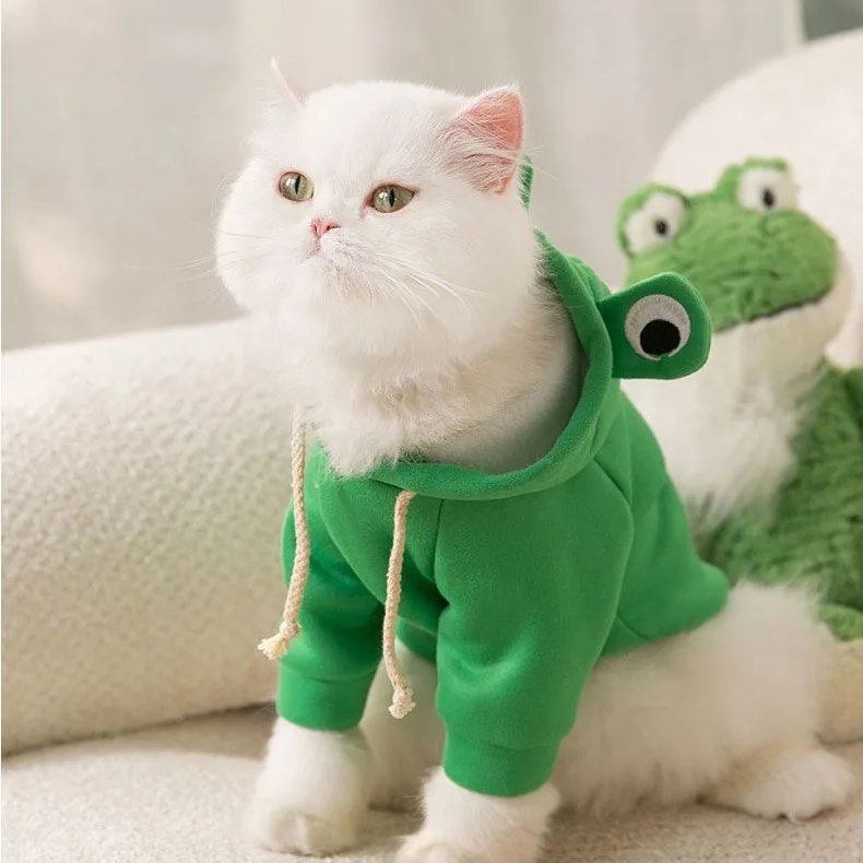 秋冬面白いかわいい漫画動物セーターリトルカエルフード付きフリース裏地プルオーバー犬猫用ポリエステル新年レッド