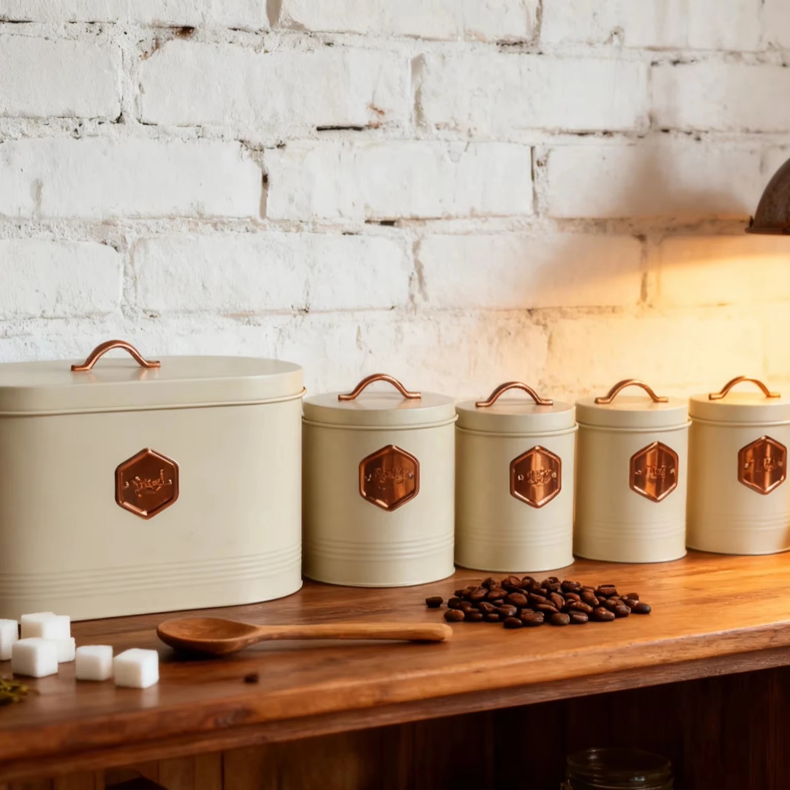 Vintage Cream Metal Kitchen Storage Canister Set with Copper Handles and Airtight Lids Bread Sugar Coffee Tea Containers Set