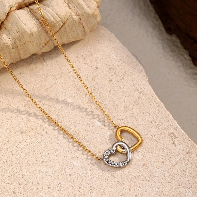 IVANDA Waterproof 18k Gold Plated Stainless Steel Fashion Jewelry Crystal Rhinestone Double Heart Drop Necklaces for Gift