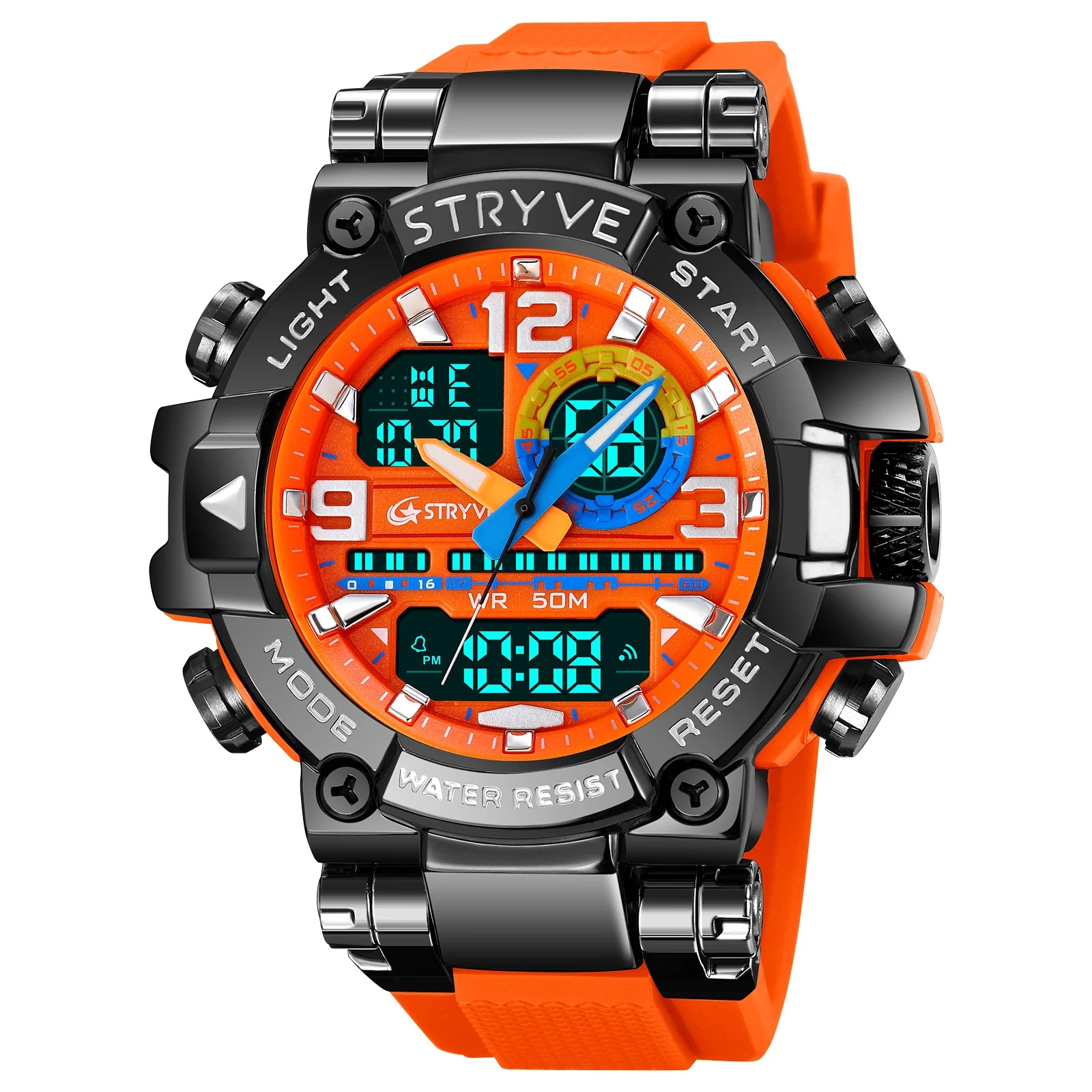 STRYVE 时尚男士运动手表防震 50M 防水腕表 LED 闹钟秒表时钟手表男式 8025