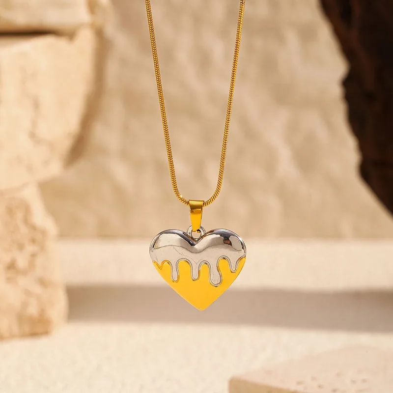 Two Tone Heart Pendant Necklace 18K Gold Plated Stainless Steel Melting Heart Snake Chain Necklace Tarnish Free