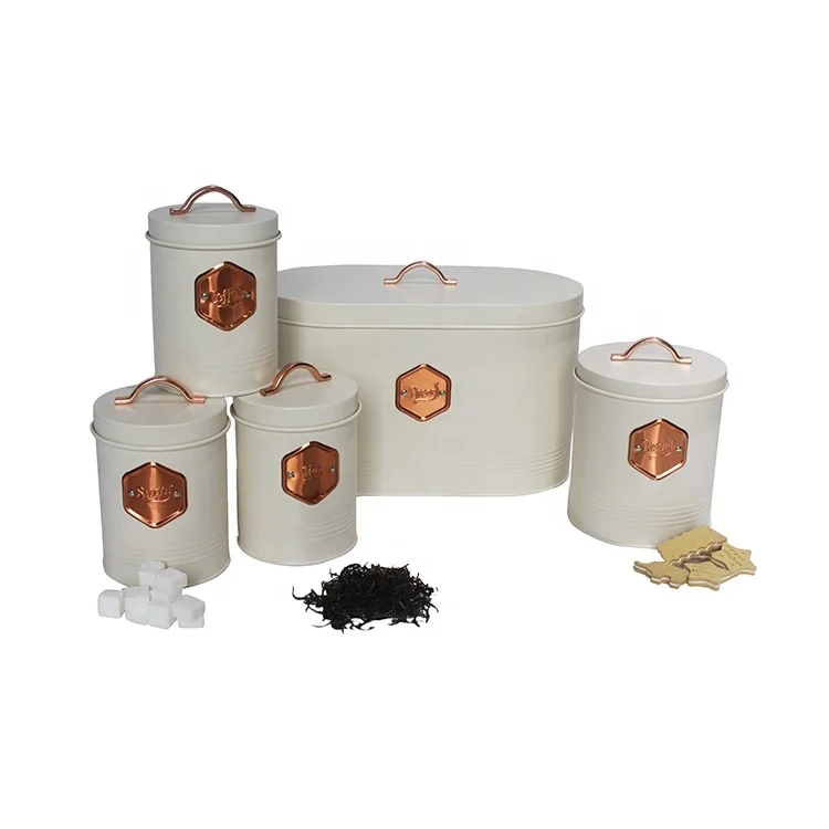 Vintage Cream Metal Kitchen Storage Canister Set with Copper Handles and Airtight Lids Bread Sugar Coffee Tea Containers Set