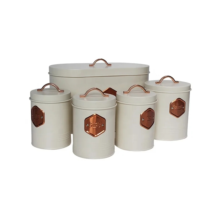 Vintage Cream Metal Kitchen Storage Canister Set with Copper Handles and Airtight Lids Bread Sugar Coffee Tea Containers Set