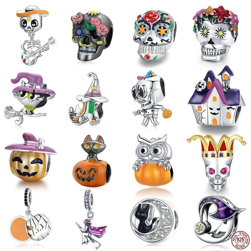 Halloween Skull Witch Pumpkin Enamel Charm Bead S925 Silver RoHS Rhodium Plated Skeleton Pendant Custom DIY Bracelet Bulk Supply