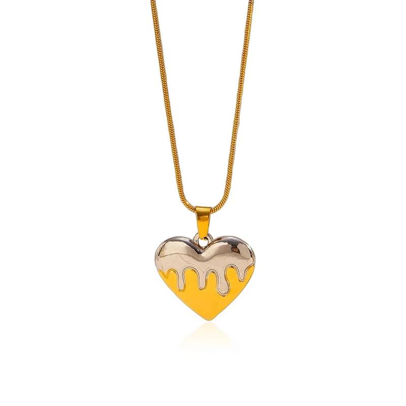 Two Tone Heart Pendant Necklace 18K Gold Plated Stainless Steel Melting Heart Snake Chain Necklace Tarnish Free