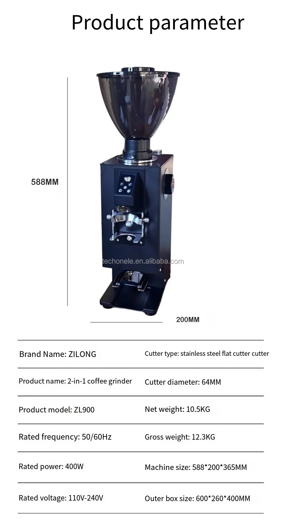 Zilong Professional Electric Commercial Coffee Grinder Titanium Alloy Burr Automatic Tamper 1000g Capacity for Hotel Car Use